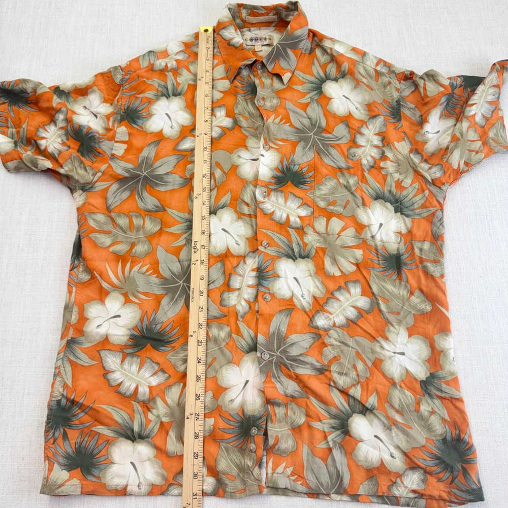 Campia Moda Mens Orange Tropical Hibiscus Floral Rayon Hawaiian Shirt Large L - Picture 8 of 15